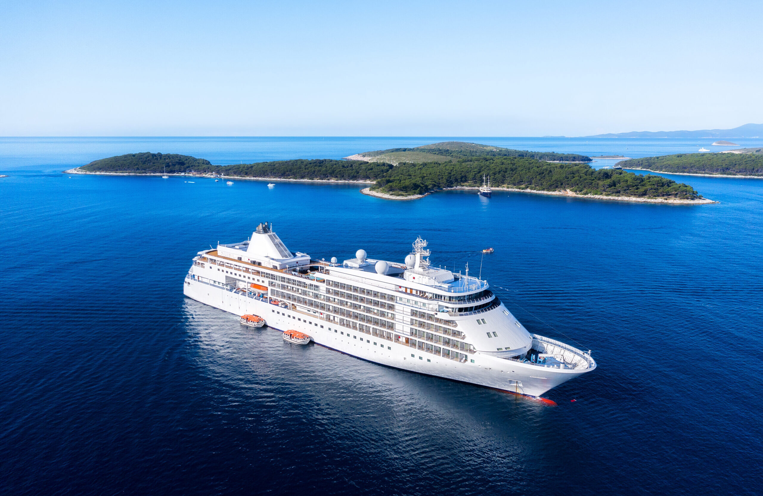 Croatia. Aerial view at the cruise ship at the day time. Adventure and travel. Landscape with cruise liner on Adriatic sea. Luxury cruise. Travel - image