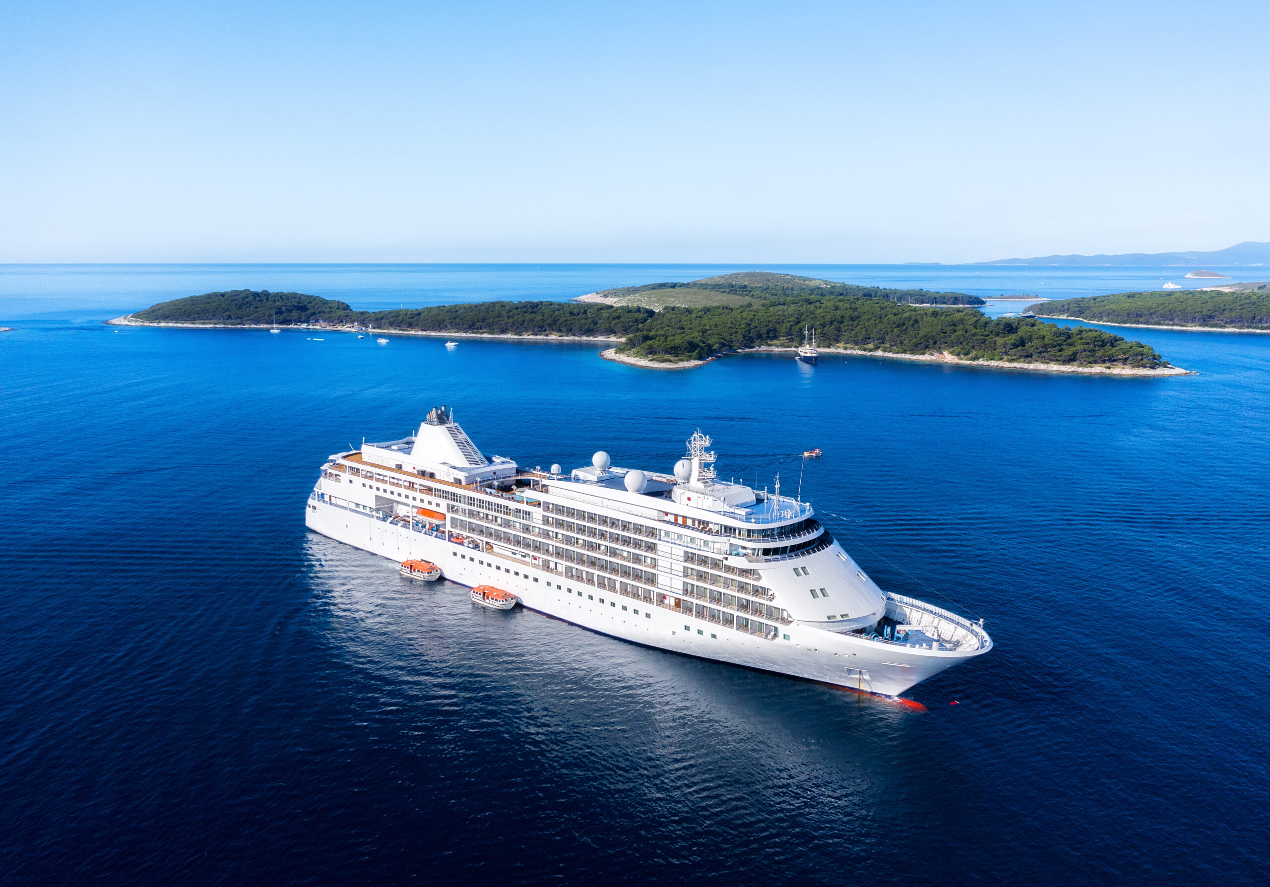 Croatia. Aerial view at the cruise ship at the day time. Adventure and travel. Landscape with cruise liner on Adriatic sea. Luxury cruise. Travel - image European Ocean Cruise Ship
